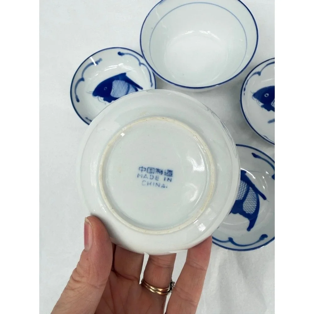 Chinese Koi Fish Carp Ceramic Rice Dipping Bowl SET of 5 Piece Asian Serverware